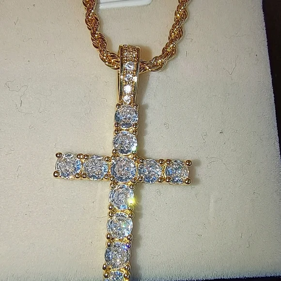 Cubic Zirconia Cross Pendant Necklace Gold Plate Stainless Steel - Picture 6 of 8